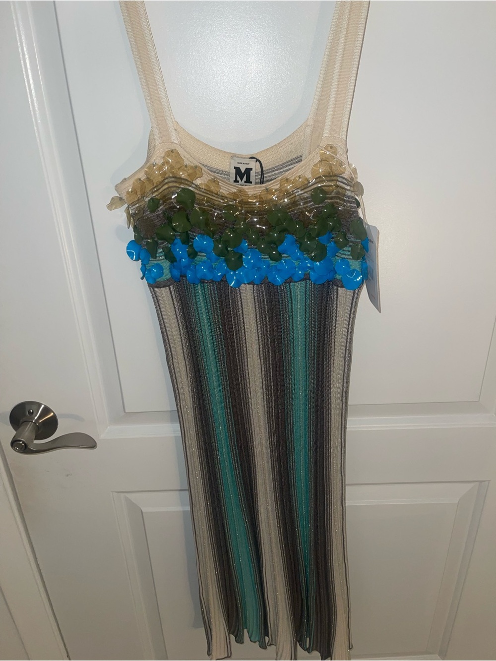 Missoni Striped Knit Dress with Sequin Trim - Cream, Brown Green square neckline